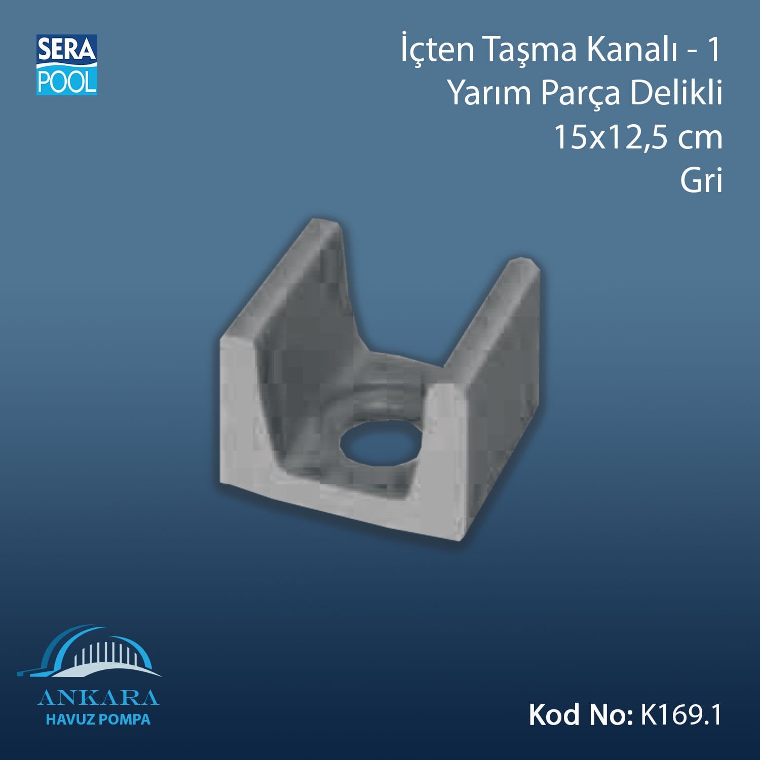 İçten Taşma Kanalı-1 - Yarım Parça Delikli - 15x12,5 cm Gri