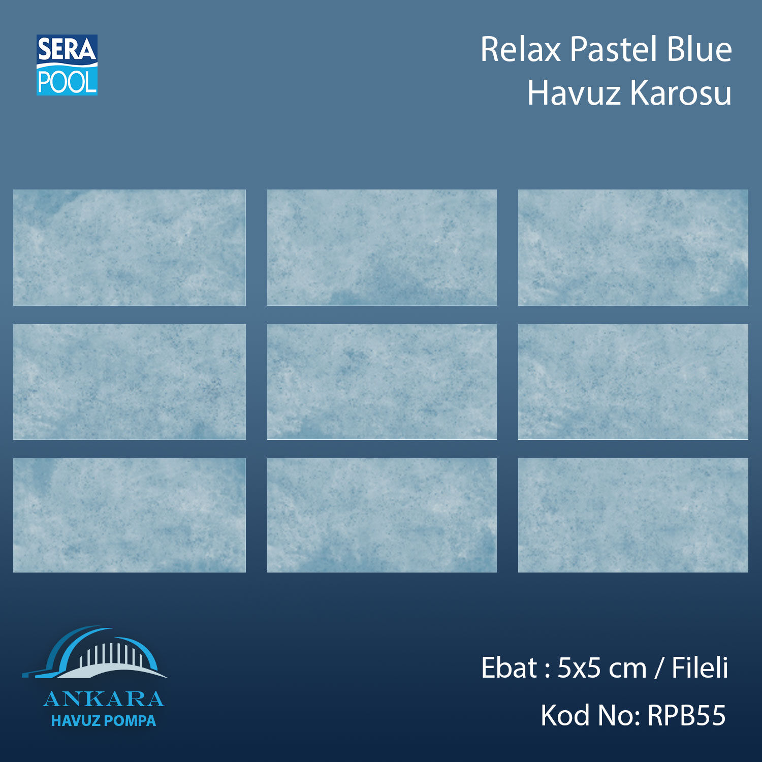 Serapool Relax Pastel Blue Porselen Karo Fileli 5x5 cm - m²