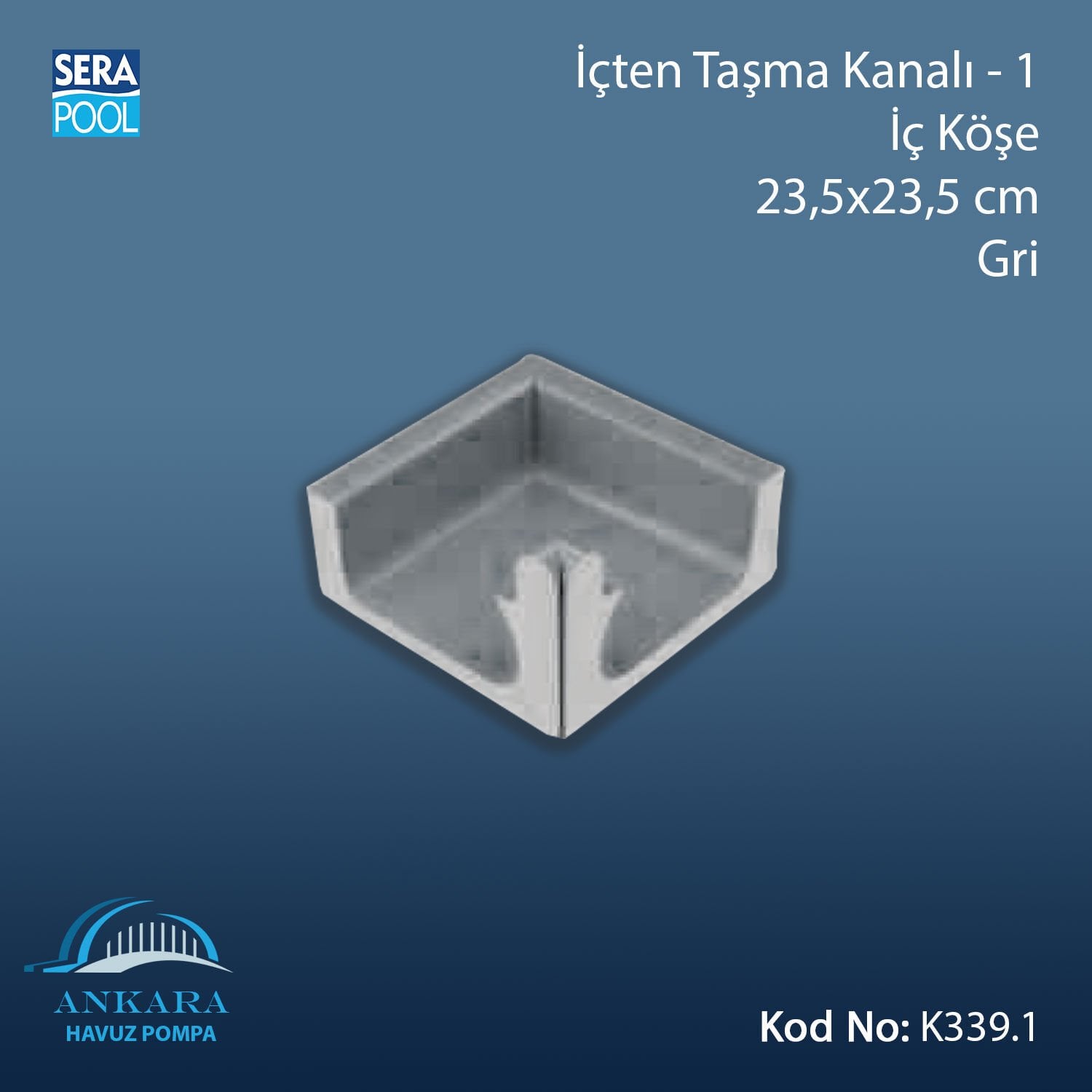 Üsten Taşma Kanalı-1 - İç Köşe - 23,5x23,5 cm Gri