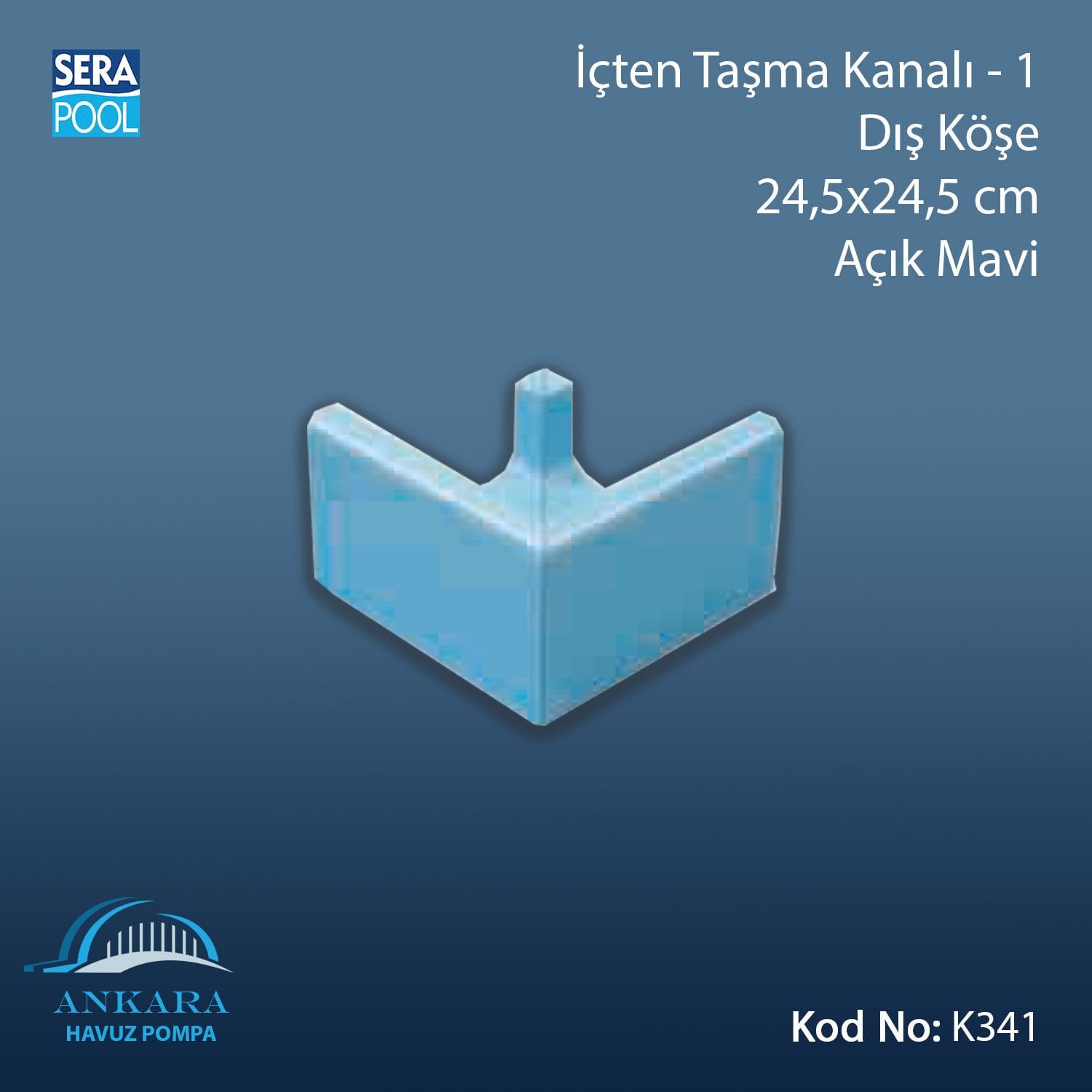 Üsten Taşma Kanalı-1 - Dış Köşe - 24,5x24,5 cm Açık Mavi