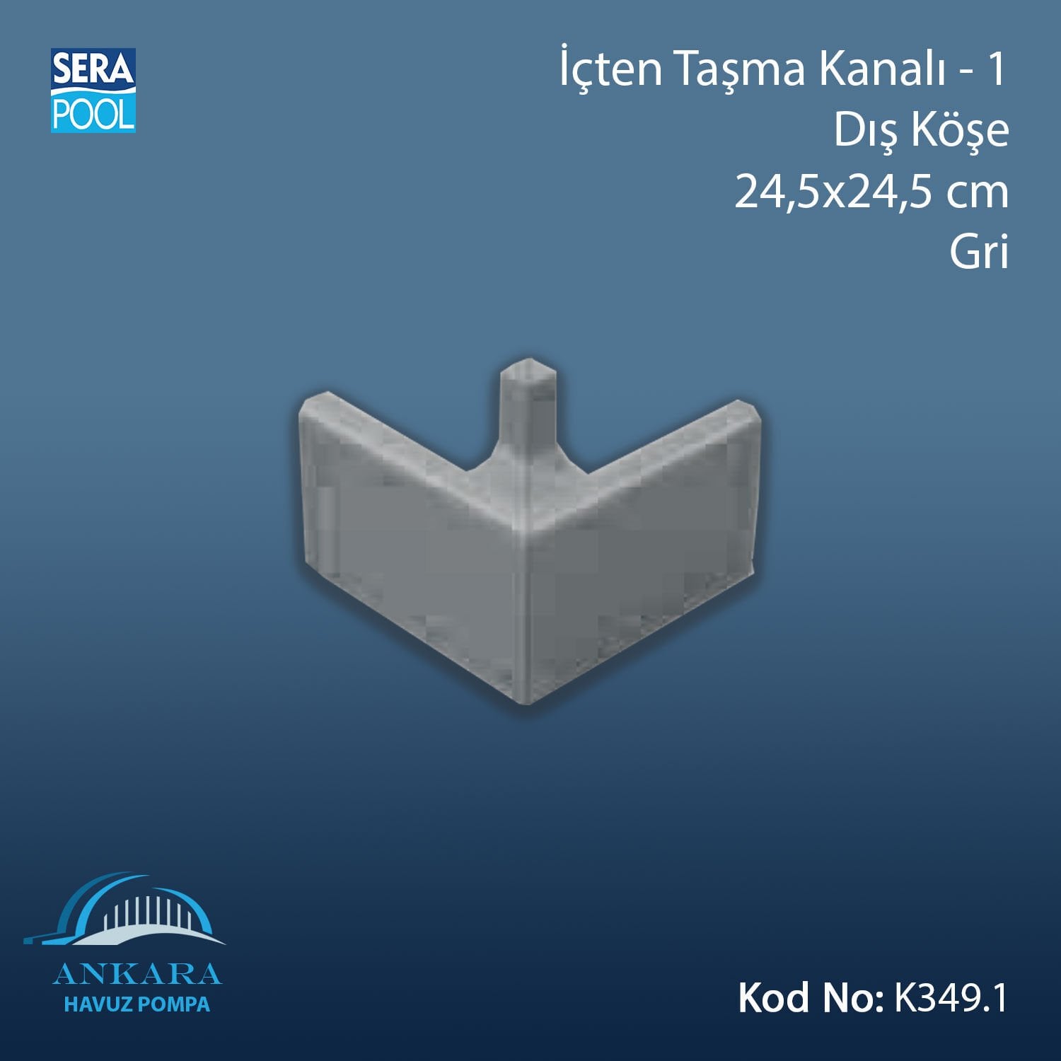 Üsten Taşma Kanalı-1 - Dış Köşe - 24,5x24,5 cm Gri