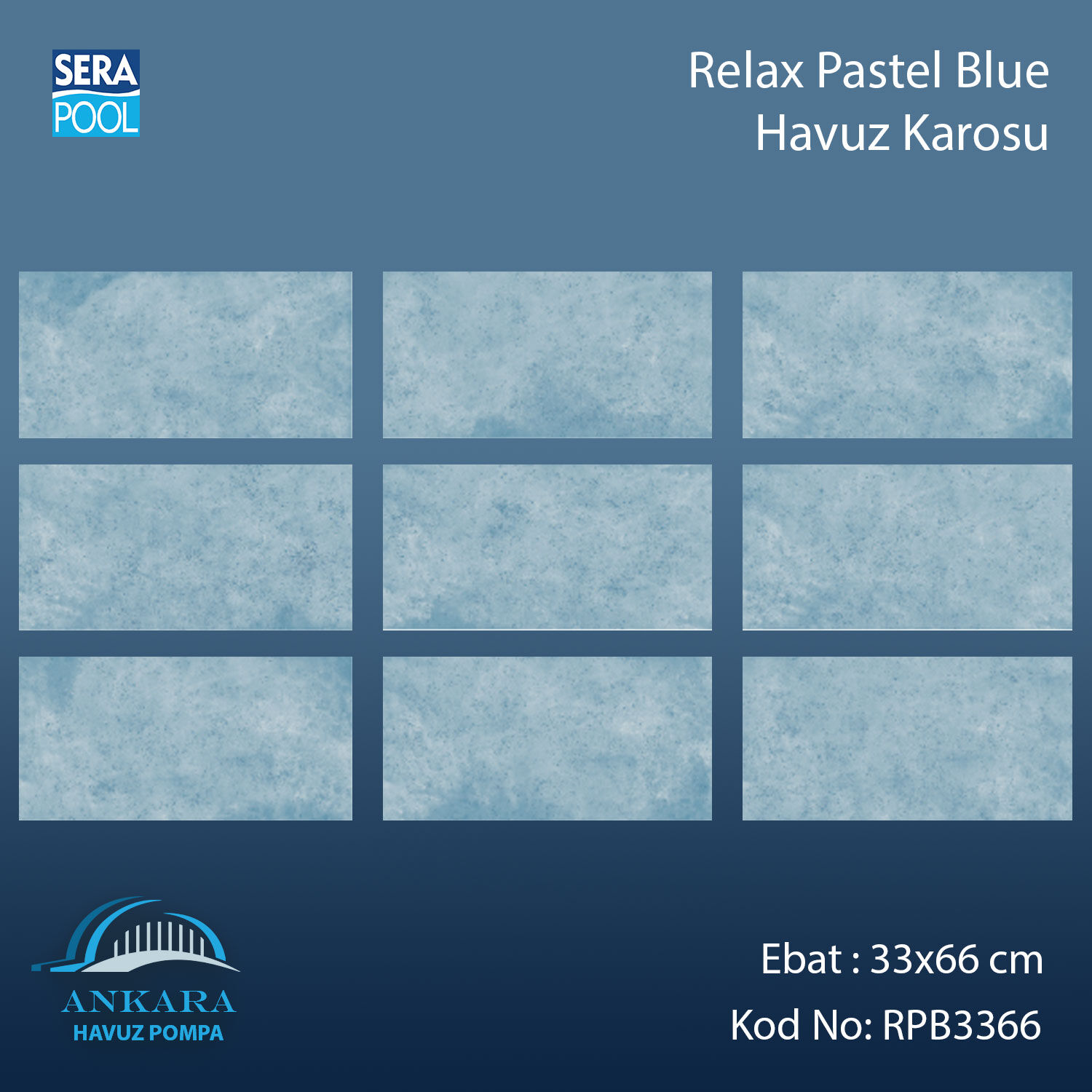 Serapool Relax Pastel Blue Porselen Karo Fileli 33x66 cm - m²
