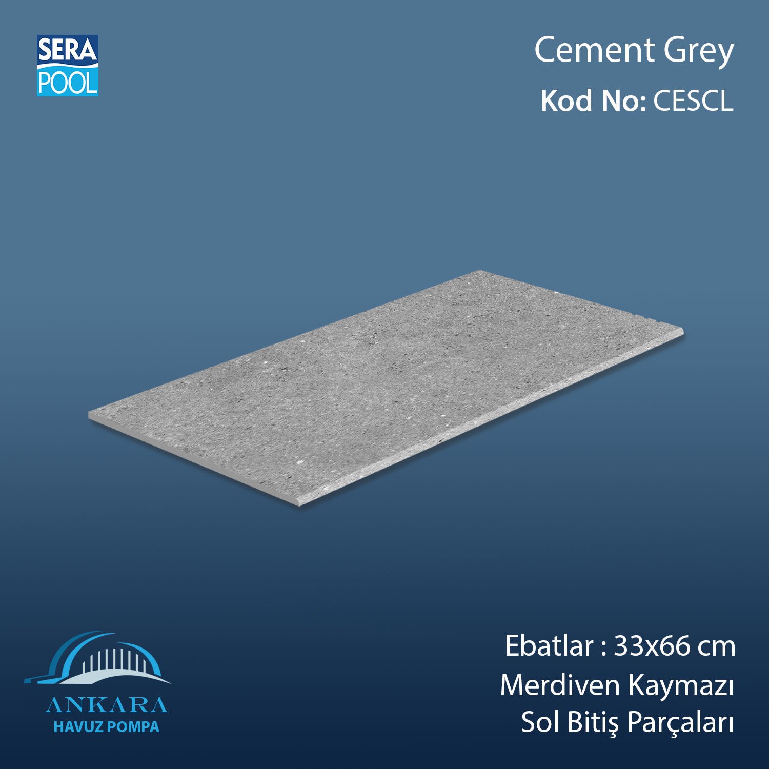 Cement Grey 33x66x0,76 cm Merdiven Kaymazı Sol Bitiş
