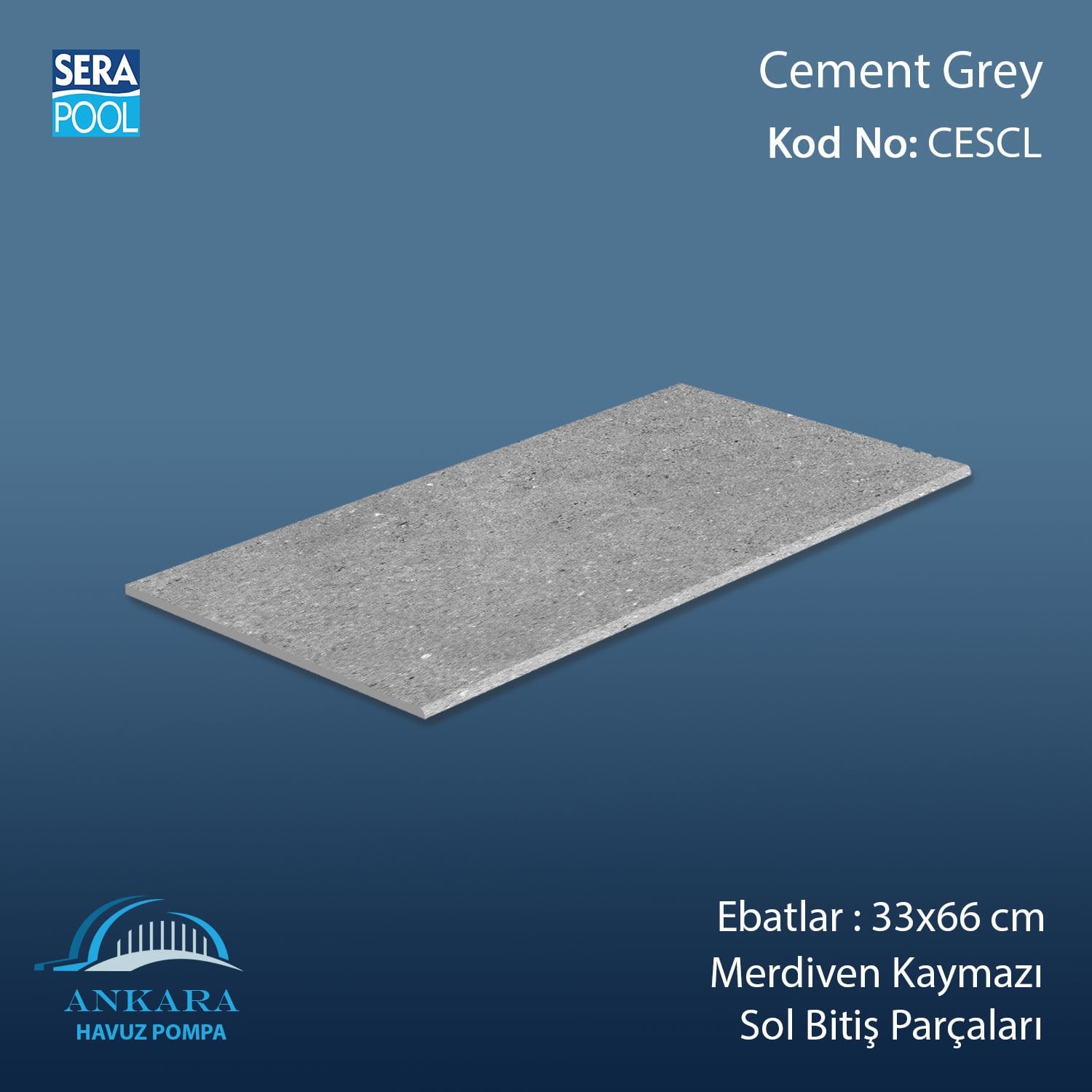 Cement Grey 33x66x0,76 cm Merdiven Kaymazı Sol Bitiş