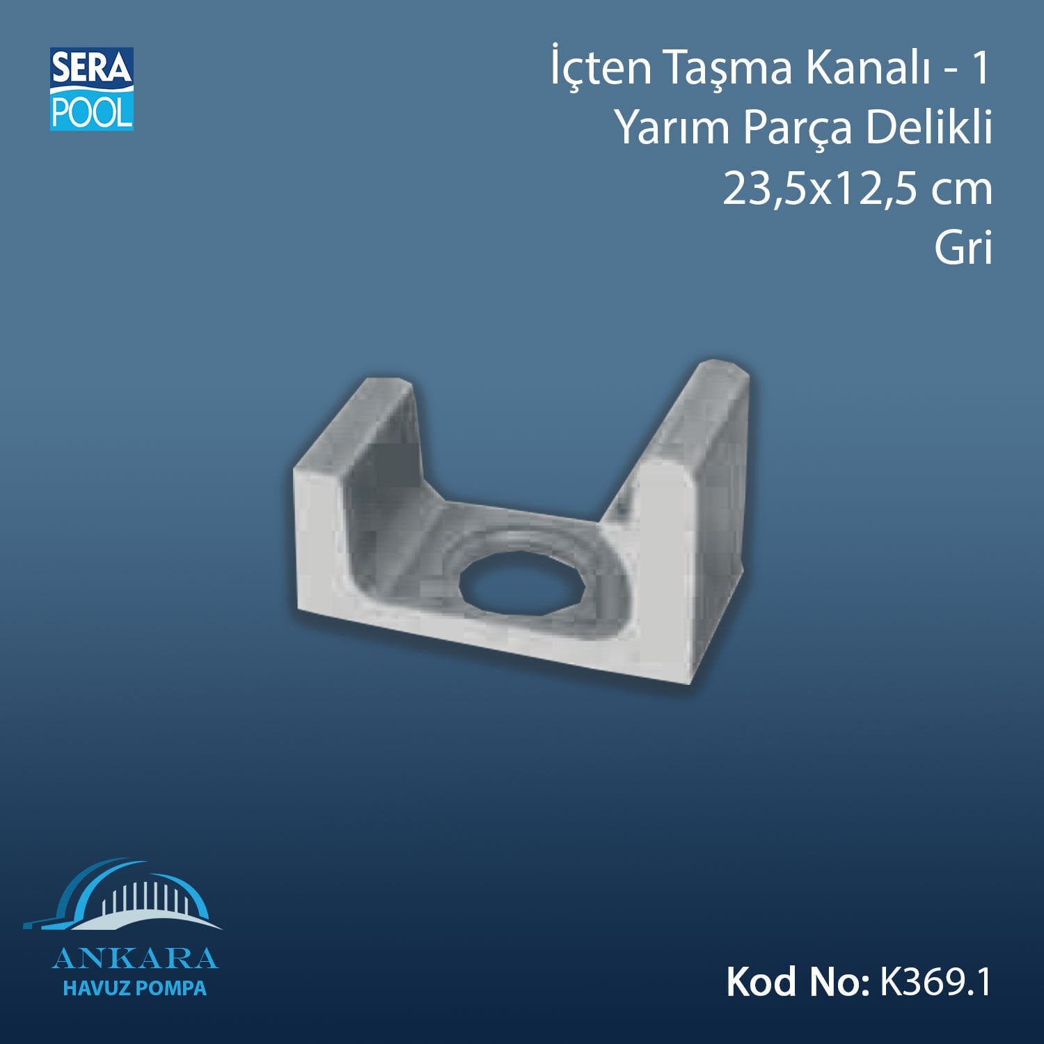 Üsten Taşma Kanalı-1 - Yarım Parça Delikli - 23,5x12,5 cm Gri