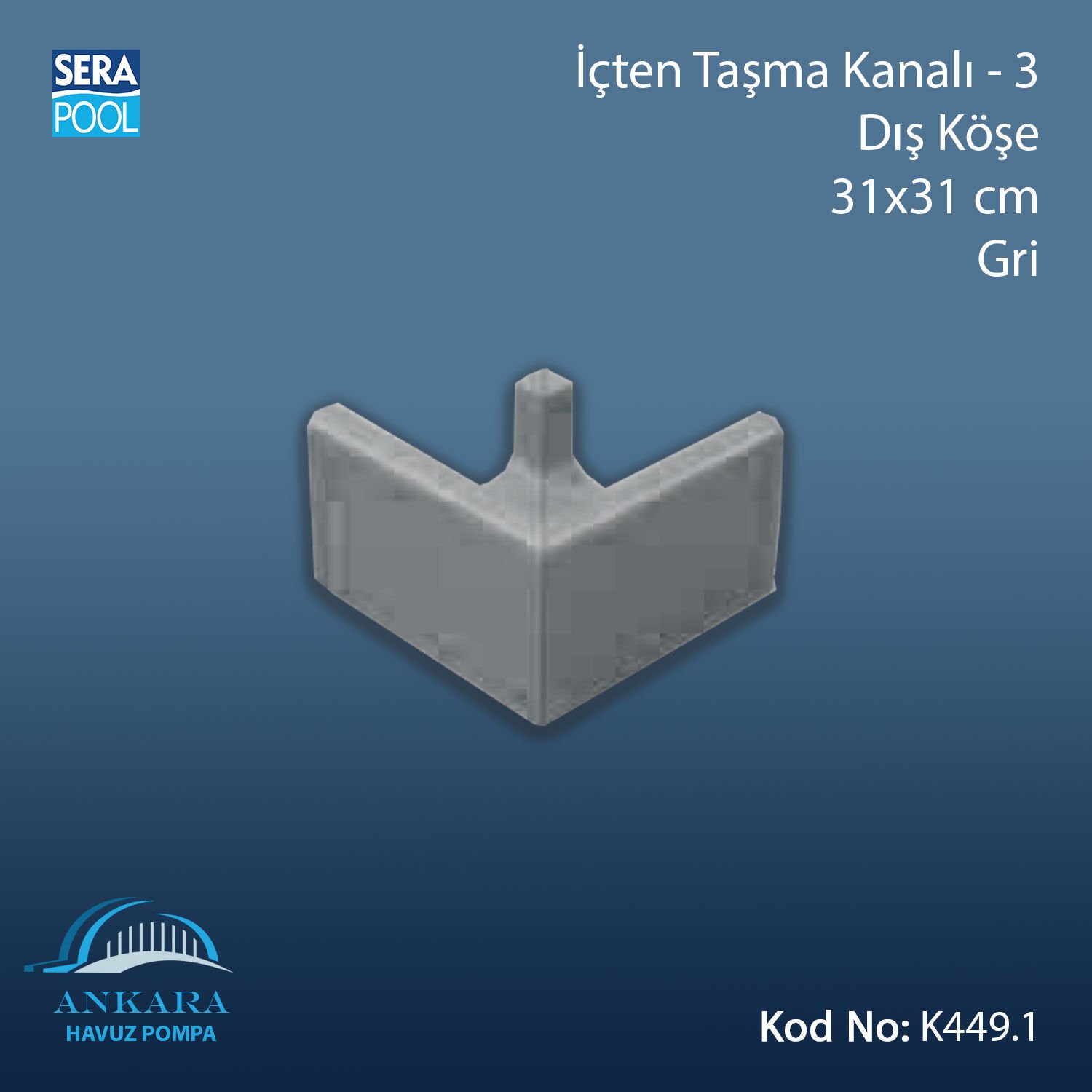 Üsten Taşma Kanalı-3 - Dış Köşe - 31x31 cm Gri