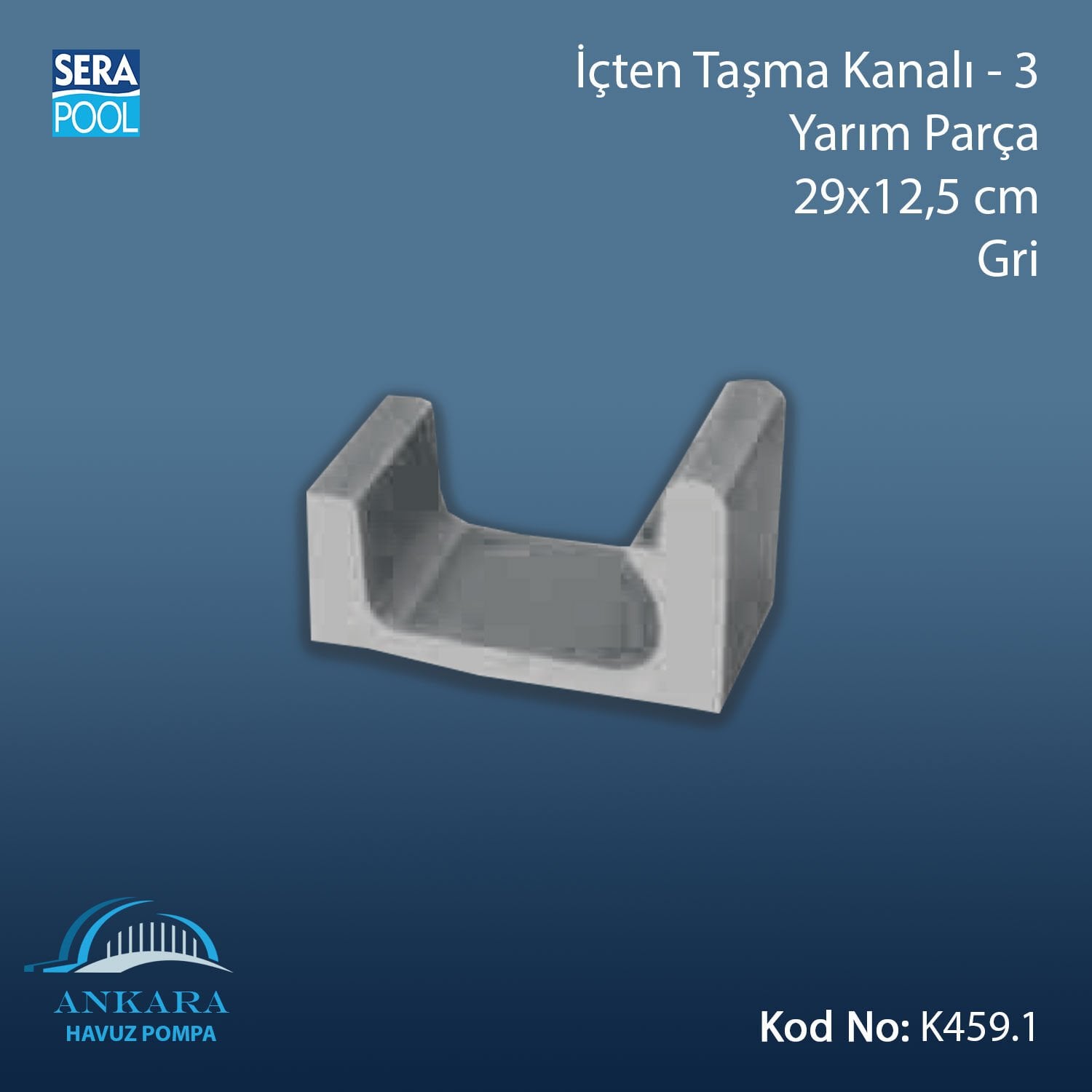 Üsten Taşma Kanalı-3 - Yarım Parça - 29x12,5 cm Gri