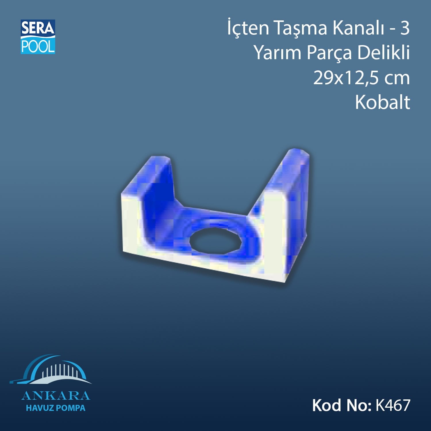Üsten Taşma Kanalı-3 - Yarım Parça Delikli - 29x12,5 cm Kobalt