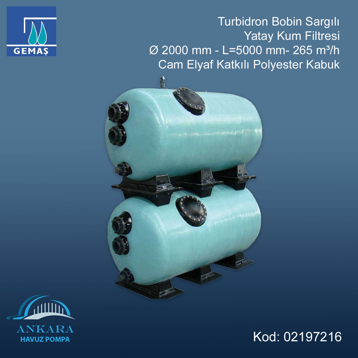 Turbidron Bobin Sargılı Yatay Kum Filtresi - Ø 2000 mm - L=5000 mm - 265 m³/h