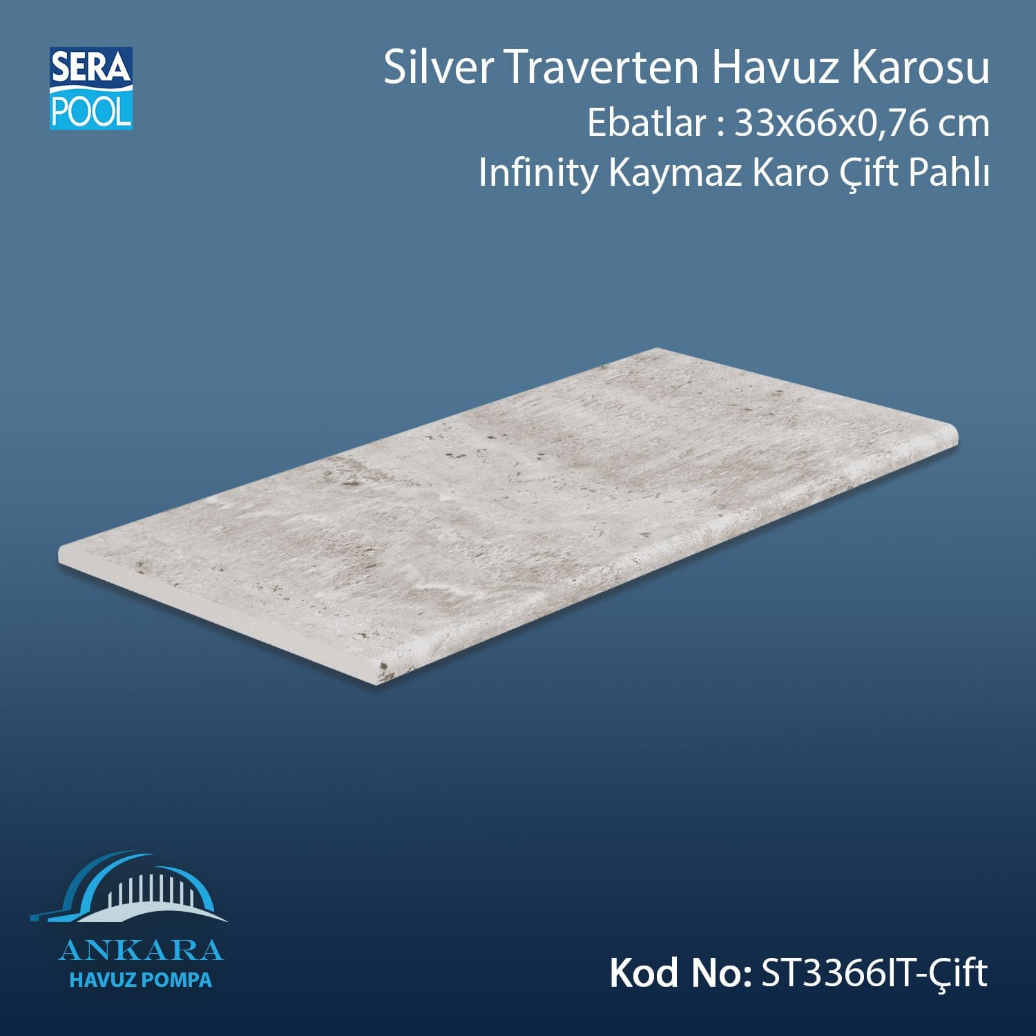 Silver Traverten 33x66x0,76 cm Infinity Kaymaz Karo Çift Pahlı