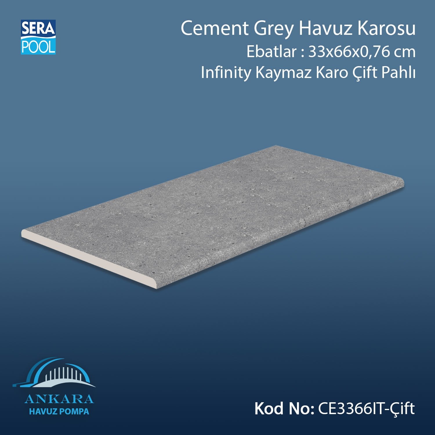 Cement Grey 33x66x0,76 cm Infinity Kaymaz Karo Çift Pahlı