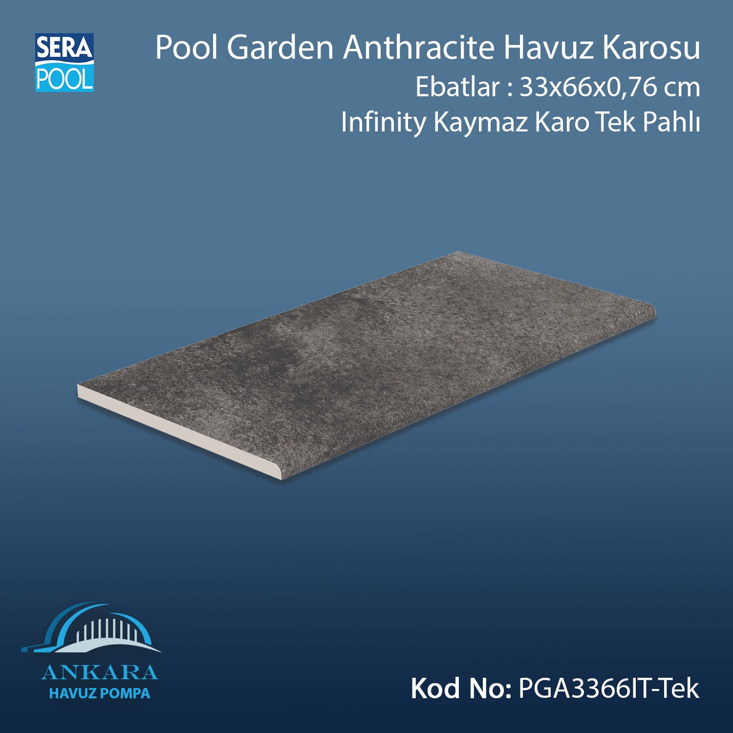 Pool Garden Anthracite 33x66x0,76 cm Infinity Kaymaz Karo Tek Pahlı