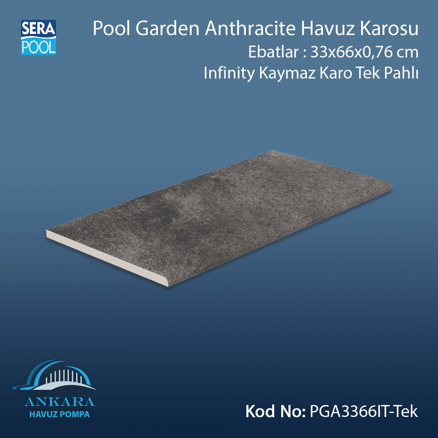 Pool Garden Anthracite 33x66x0,76 cm Infinity Kaymaz Karo Tek Pahlı
