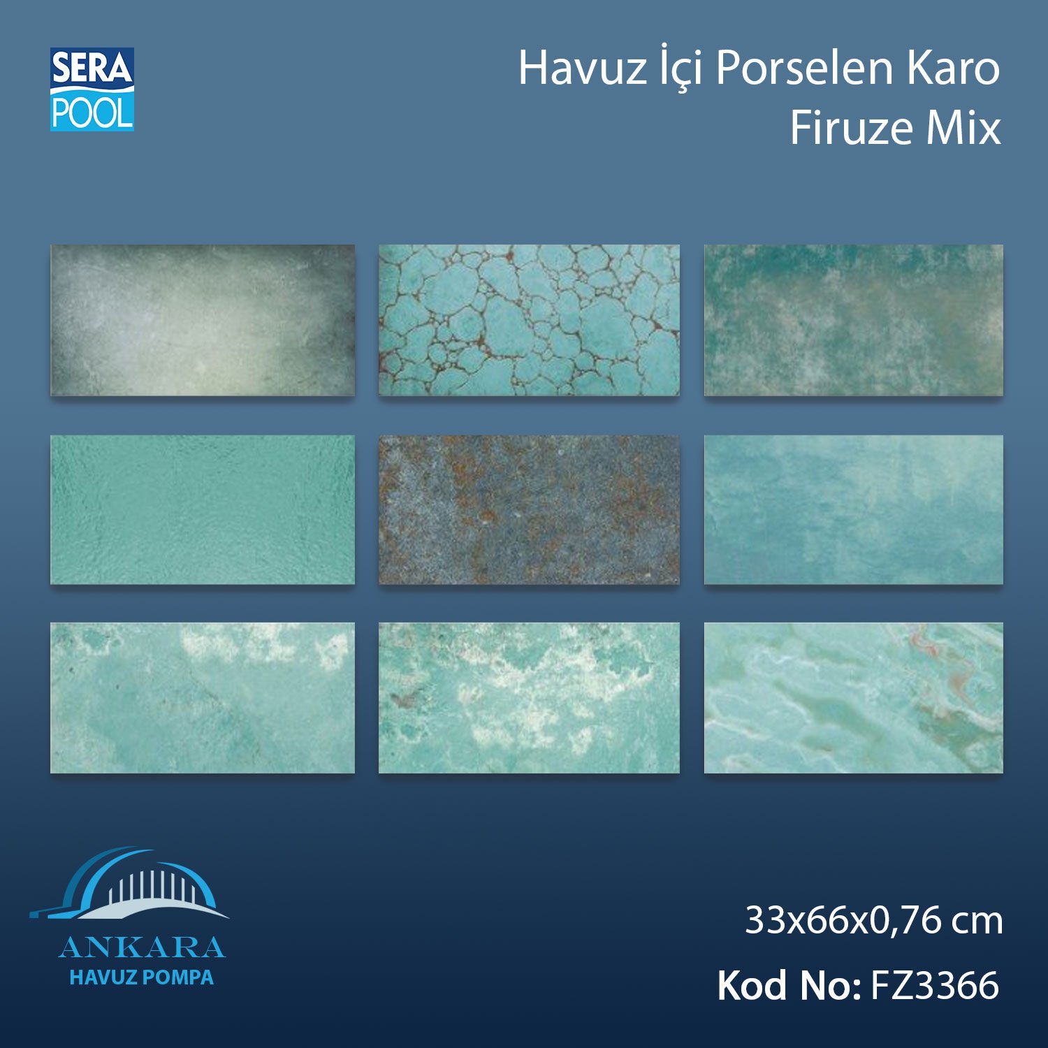 Firuze Mix (33x66x0,76 cm) Porselen Karo - m² 'si