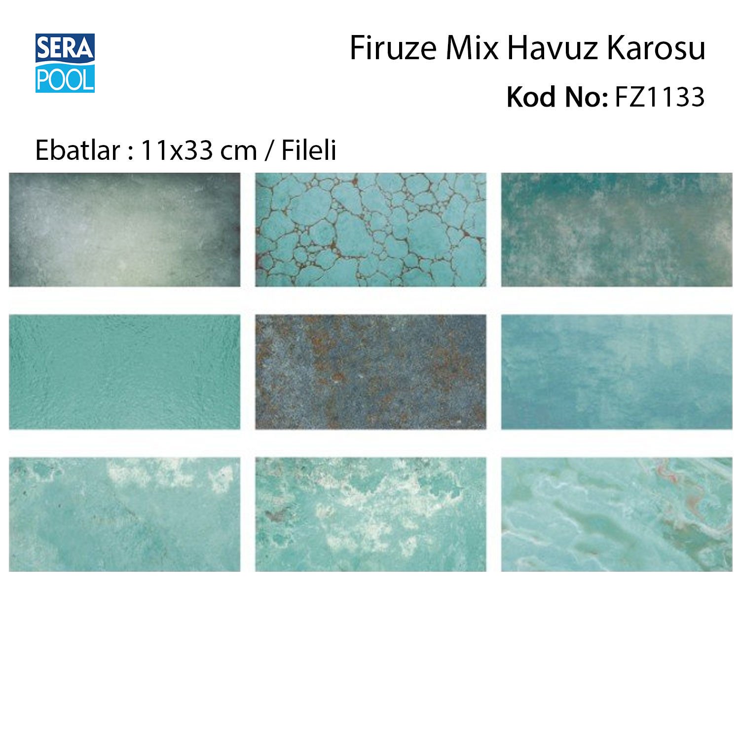 Firuze Mix (11x33 cm / Fileli) Porselen Karo - m² 'si
