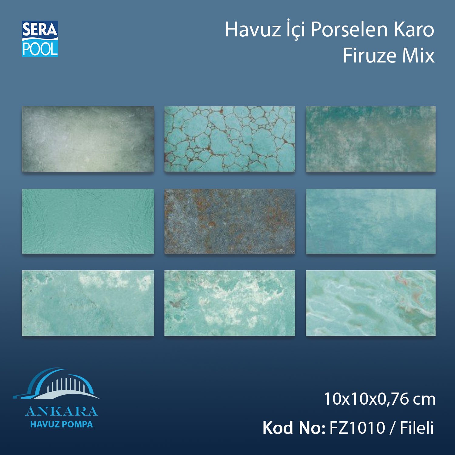 Firuze Mix (10x10 cm / Fileli) Porselen Karo - m² 'si