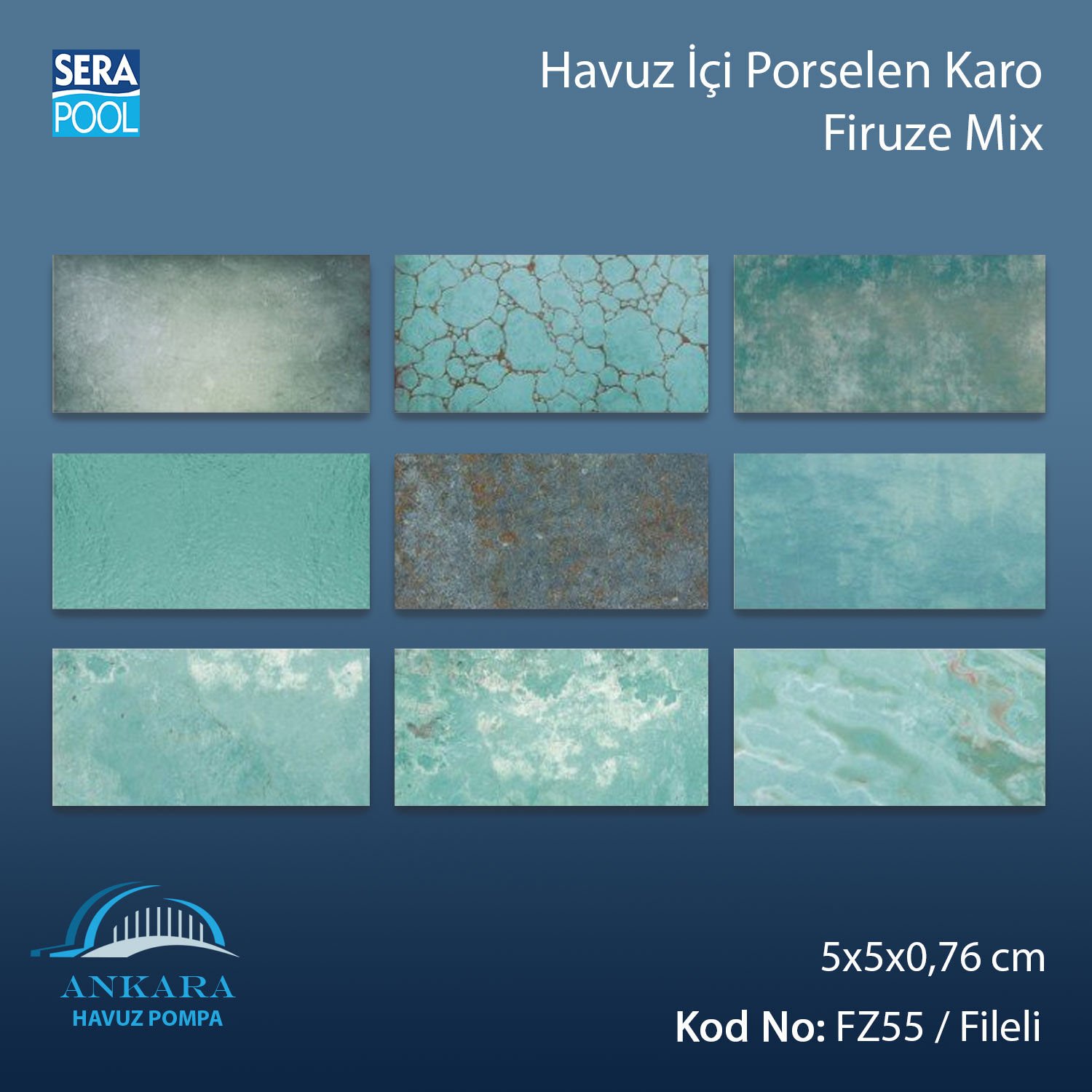 Firuze Mix (5x5 cm / Fileli) Porselen Karo - m² 'si