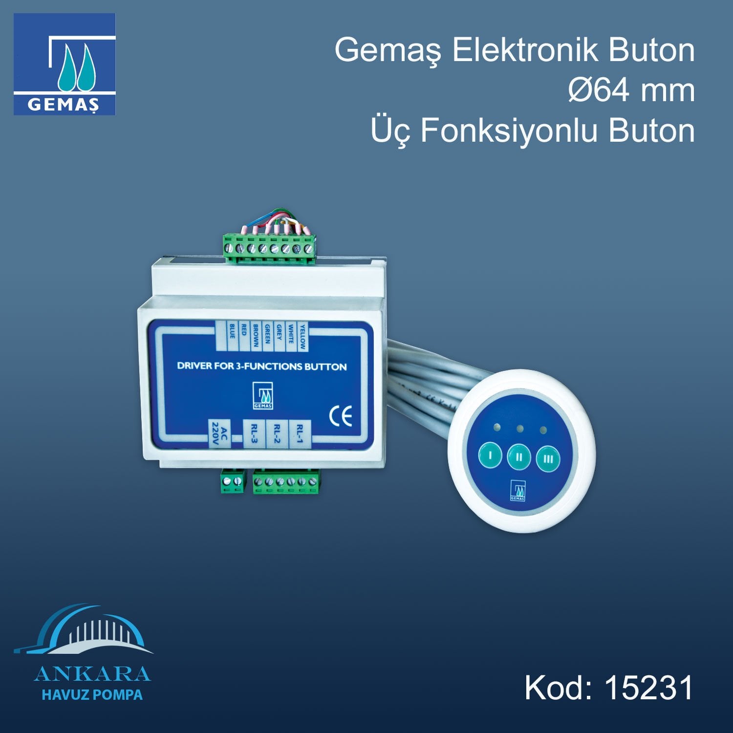 Gemaş Elektronik Buton - Ø64 mm - Üç Fonksiyonlu Buton