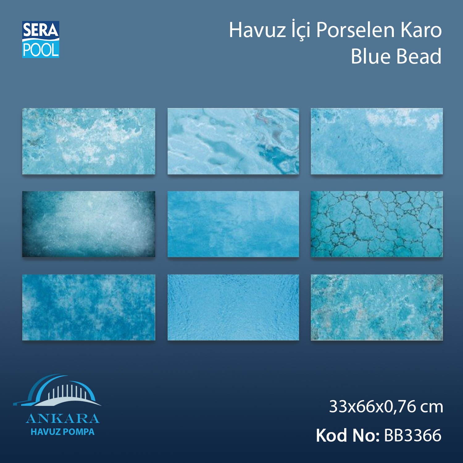 Blue Bead (33x66 cm) Porselen Karo - m² 'si