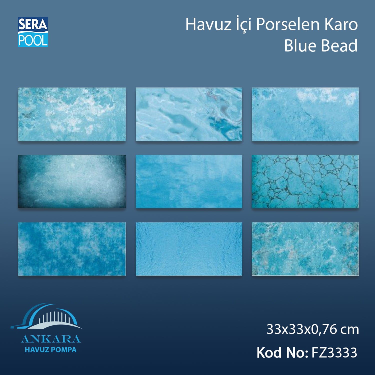 Blue Bead (33x33 cm) Porselen Karo - m² 'si