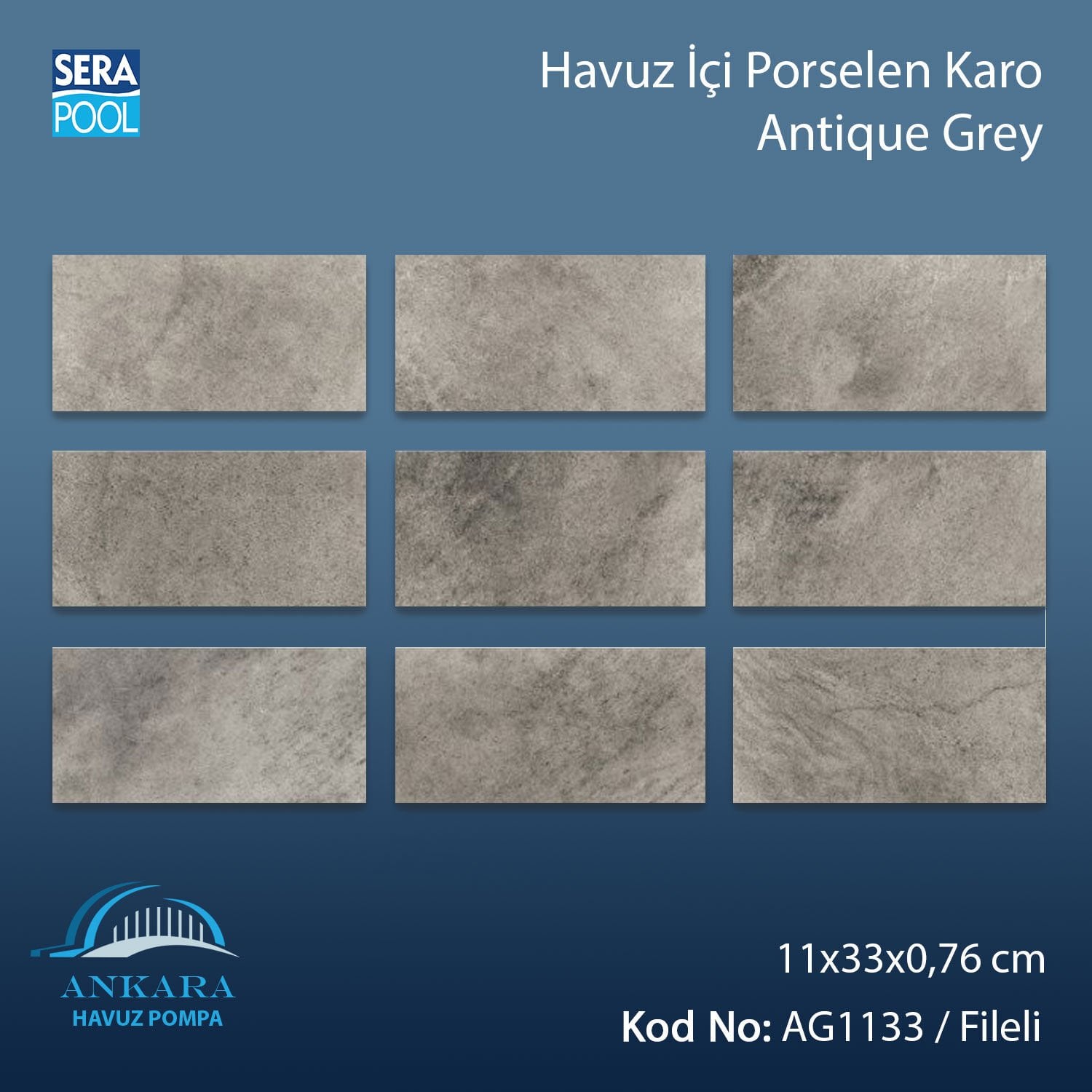 Antique Grey (11x33 cm / Fileli) Porselen Karo - m² 'si