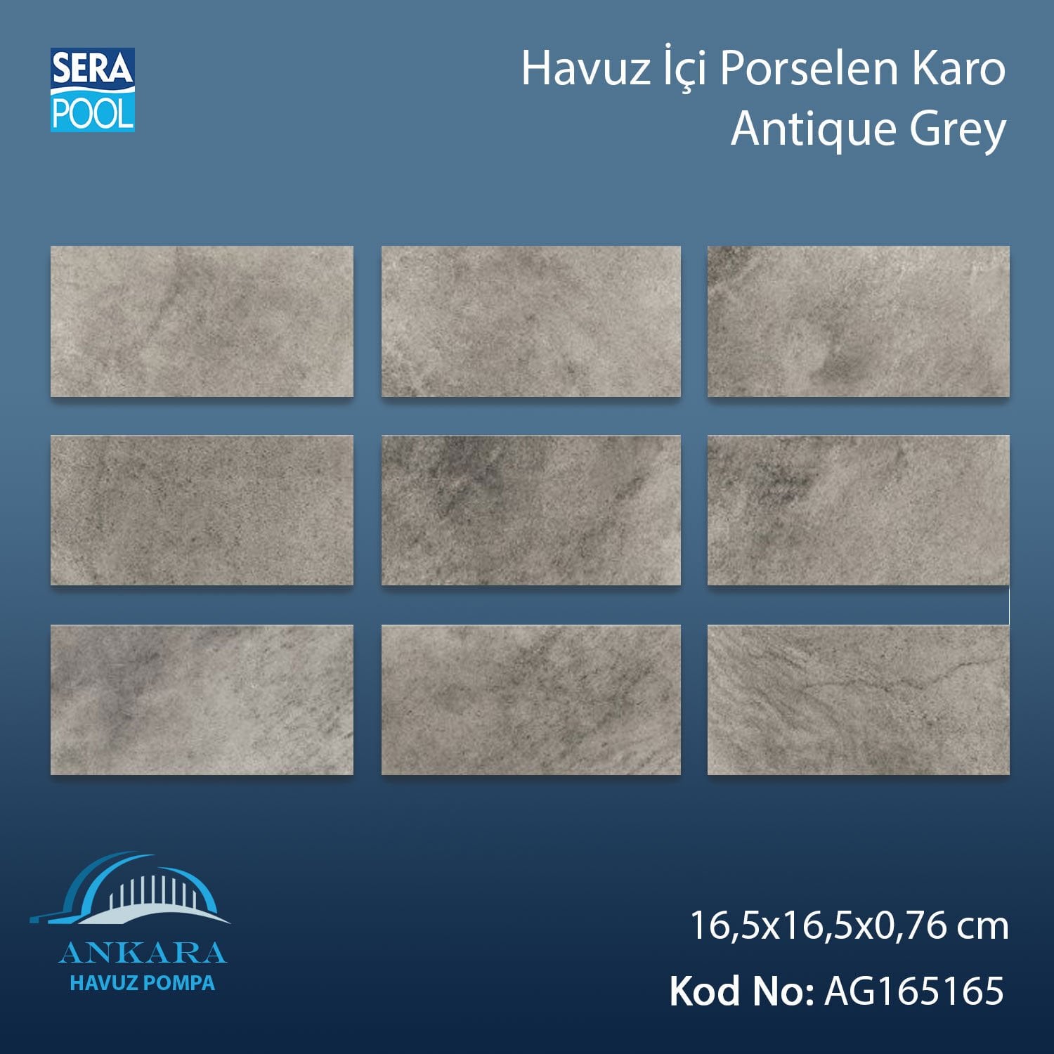 Antique Grey (16,5x16,5 cm) Porselen Karo - m² 'si