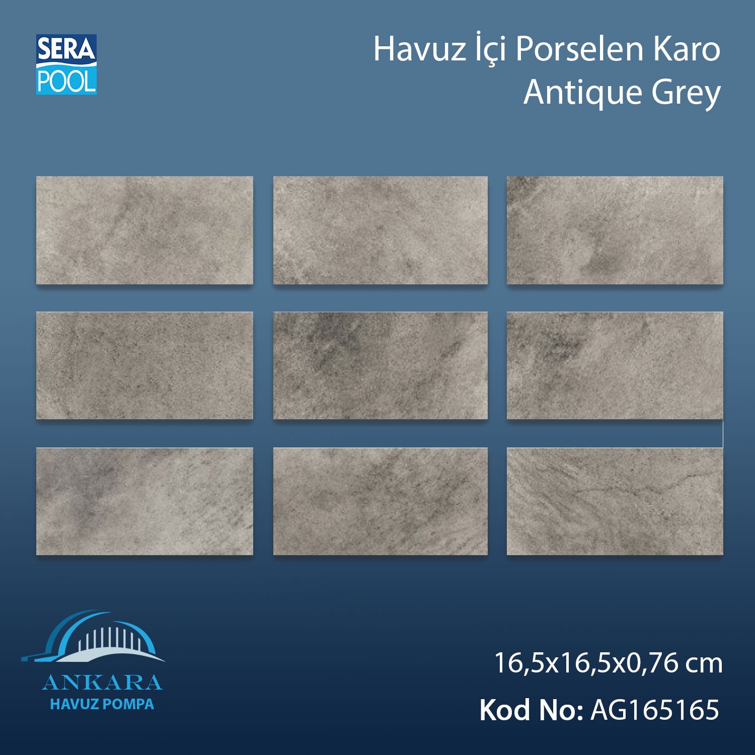 Antique Grey (16,5x16,5 cm) Porselen Karo - m² 'si